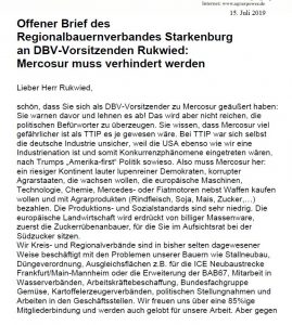 Offener Brief von Dr. Willi Billau an DBV-Vorsitzenden Joachim Rukwied zum Freihandelsabkommen "Mercosur"