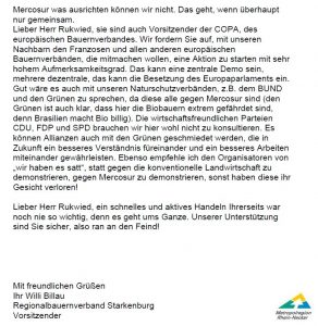 Offener Brief von Dr. Willi Billau an DBV-Vorsitzenden Joachim Rukwied zum Freihandelsabkommen "Mercosur"