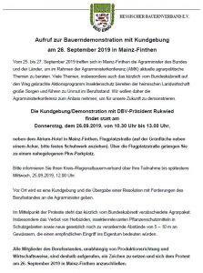 Aufruf zur Bauerndemonstration am 26.09.2019 in Mainz-Finthen